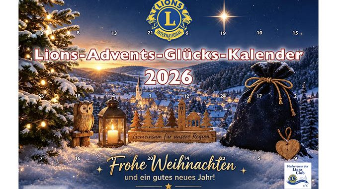 Lions-Advents-Glücks-Kalender 2026 mit winterlicher Dorflandschaft im Schnee.