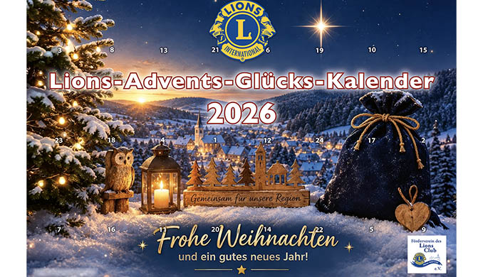 Lions-Advents-Glücks-Kalender 2026 mit winterlicher Dorflandschaft im Schnee.