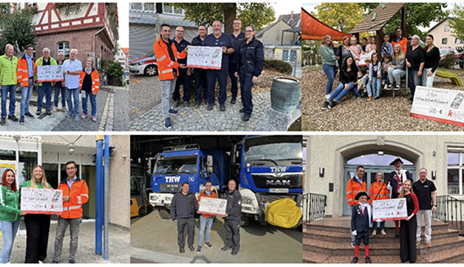 Collage von sechs Spendenübergaben mit großen symbolischen Schecks.